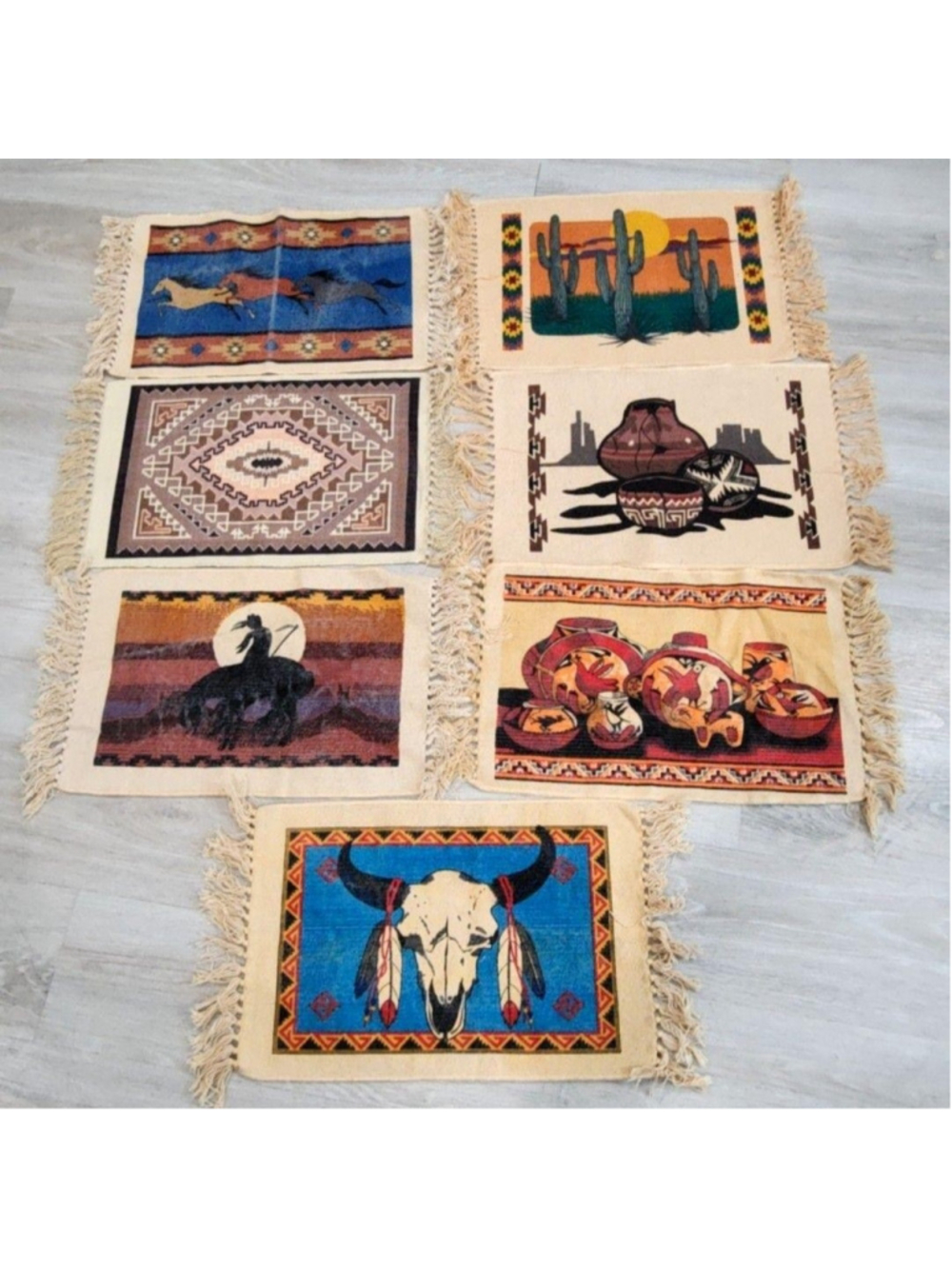 El Paso Saddleblanket Southwestern Placemats Set 7 Rectangular Multicolor Fringe